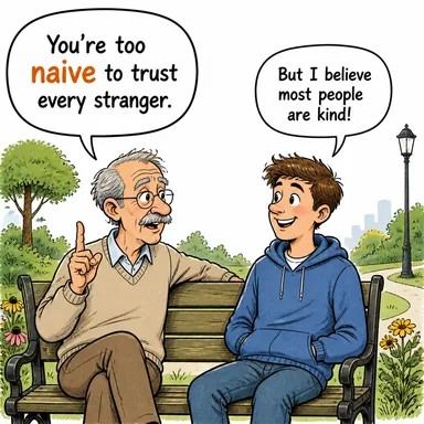 naive (saf, toy, deneyimsiz) karikatürü — diyalogla bağlam içinde öğren