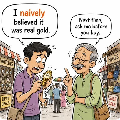 naively (safça) karikatürü — diyalogla bağlam içinde öğren