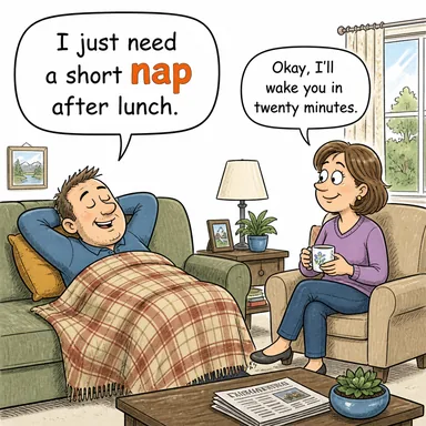 nap (şekerleme, kısa uyku) karikatürü — diyalogla bağlam içinde öğren