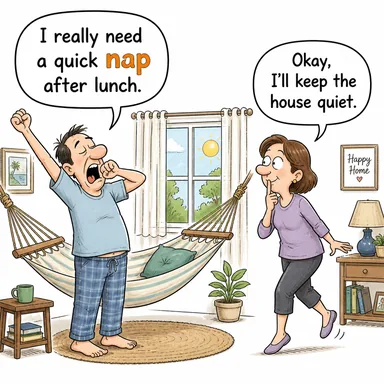 nap (şekerleme yapmak, kestirmek) karikatürü — diyalogla bağlam içinde öğren
