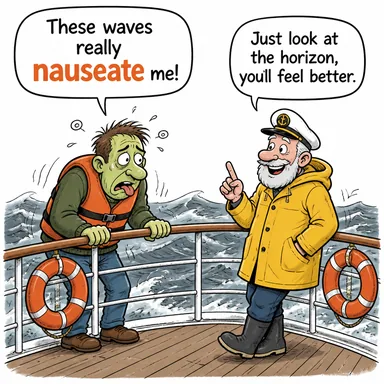 nauseate (midesini bulandırmak, tiksindirmek) karikatürü — diyalogla bağlam içinde öğren
