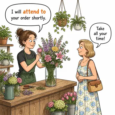 attend to (ile ilgilenmek, bakmak, kulak vermek) karikatürü — diyalogla bağlam içinde öğren
