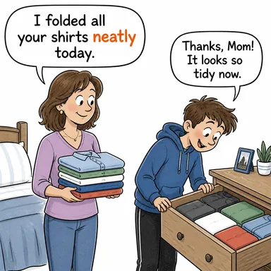 neatly (düzgünce, tertipli bir şekilde) karikatürü — diyalogla bağlam içinde öğren