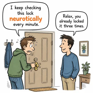 neurotically (sinirsel olarak, takıntılı bir şekilde) karikatürü — diyalogla bağlam içinde öğren