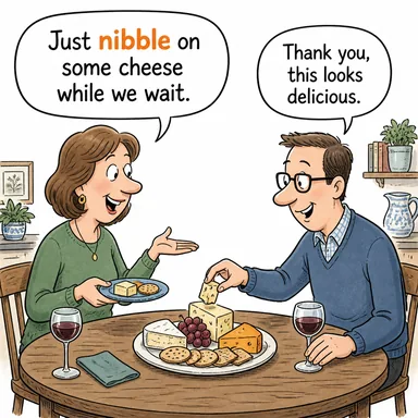 nibble (kemirmek, ufak ufak yemek) karikatürü — diyalogla bağlam içinde öğren