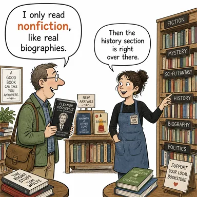 nonfiction (kurgusal olmayan, düz yazı (belgesel, biyografi vb.)) karikatürü — diyalogla bağlam içinde öğren