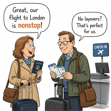 nonstop (durmaksızın, aktarmasız) karikatürü — diyalogla bağlam içinde öğren