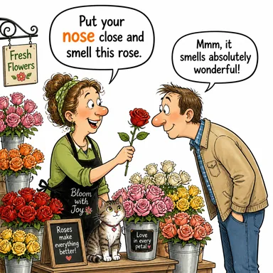 nose (burun, koku alma duyusu) karikatürü — diyalogla bağlam içinde öğren