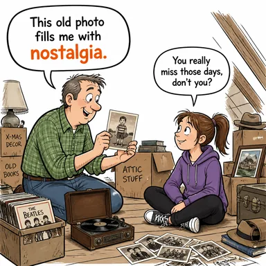 nostalgia (geçmişe özlem, sıla hasreti) karikatürü — diyalogla bağlam içinde öğren
