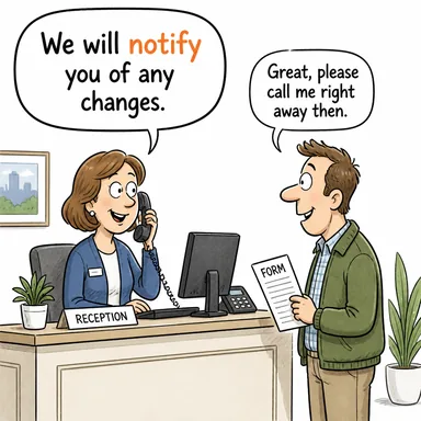 notify (bildirmek, haber vermek, tebliğ etmek) karikatürü — diyalogla bağlam içinde öğren