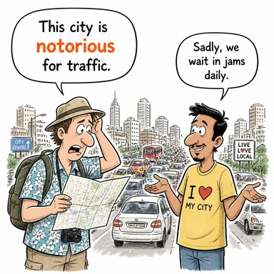 notorious (adı çıkmış, kötü şöhretli) karikatürü — diyalogla bağlam içinde öğren