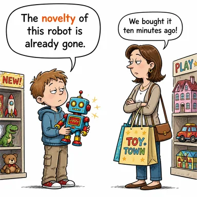 novelty (yenilik, orijinallik, değişik şey) karikatürü — diyalogla bağlam içinde öğren