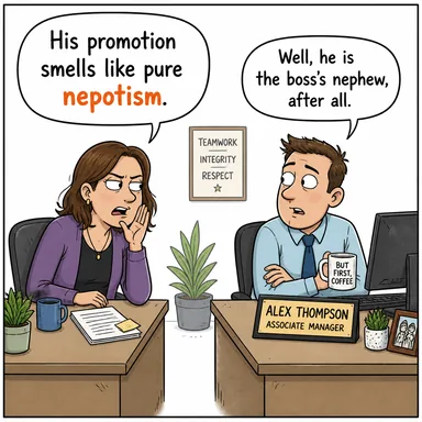 nepotism (akraba kayırma, torpil) karikatürü — diyalogla bağlam içinde öğren