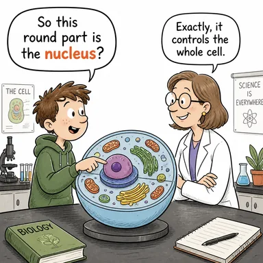 nucleus (çekirdek, öz) karikatürü — diyalogla bağlam içinde öğren
