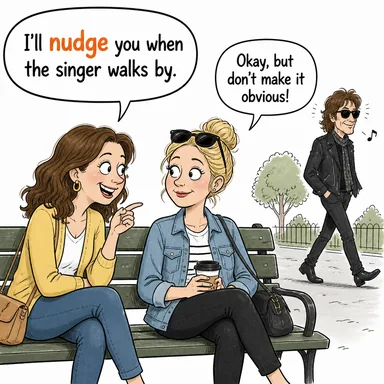 nudge (dürtmek, hafifçe itmek; teşvik etmek) karikatürü — diyalogla bağlam içinde öğren