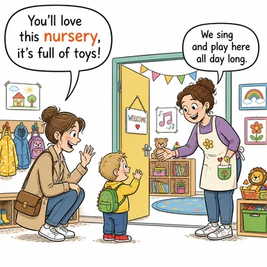 nursery (kreş, çocuk yuvası; fidanlık) karikatürü — diyalogla bağlam içinde öğren