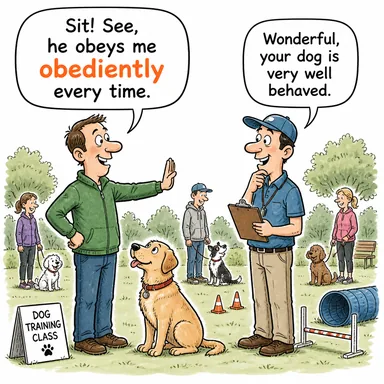 obediently (itaatkar bir şekilde, uysalca) karikatürü — diyalogla bağlam içinde öğren