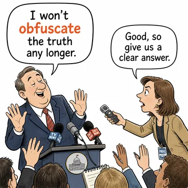 obfuscate (kafa karıştırmak, (gerçeği) gizlemek/karartmak) karikatürü — diyalogla bağlam içinde öğren