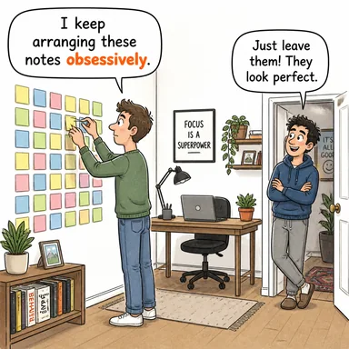 obsessively (saplantılı bir biçimde) karikatürü — diyalogla bağlam içinde öğren