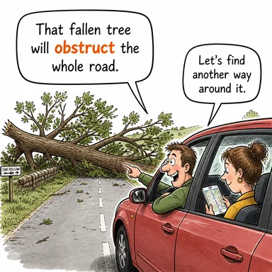 obstruct (engellemek, tıkamak, mani olmak) karikatürü — diyalogla bağlam içinde öğren