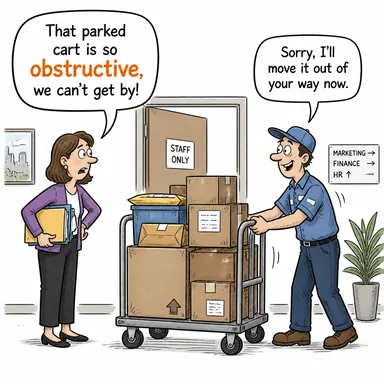 obstructive (engelleyici, zorluk çıkaran) karikatürü — diyalogla bağlam içinde öğren