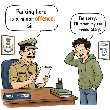 offence (suç, kabahat; saldırı; hakaret/gücenme) karikatürü — diyalogla bağlam içinde öğren