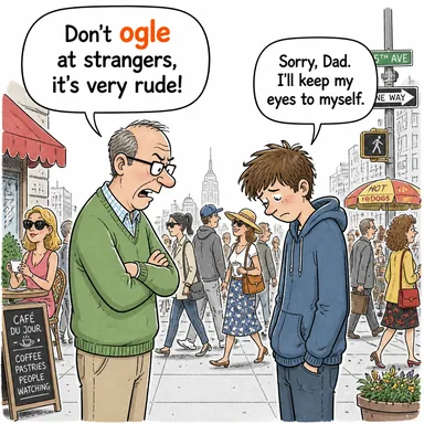 ogle (gözleriyle taciz etmek, dik dik bakmak (şehvetle)) karikatürü — diyalogla bağlam içinde öğren
