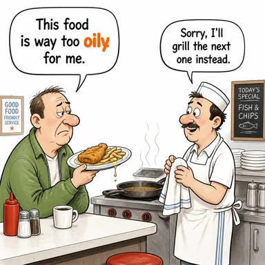 oily (yağlı; (kişi için) yılışık/yapmacık) karikatürü — diyalogla bağlam içinde öğren