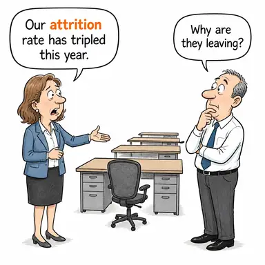 attrition (yıpranma, azalma, (sayıca) düşüş) karikatürü — diyalogla bağlam içinde öğren