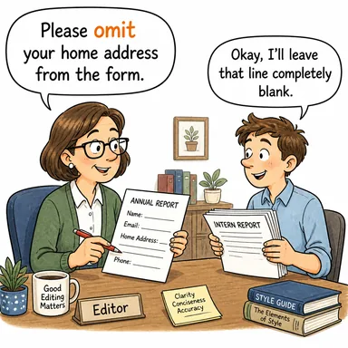 omit (çıkarmak, dahil etmemek, ihmal etmek) karikatürü — diyalogla bağlam içinde öğren