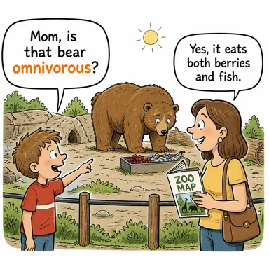 omnivorous (hepçil, her şeyi yiyen (hem et hem ot)) karikatürü — diyalogla bağlam içinde öğren