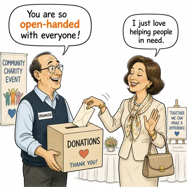 open-handed (eli açık, cömert) karikatürü — diyalogla bağlam içinde öğren