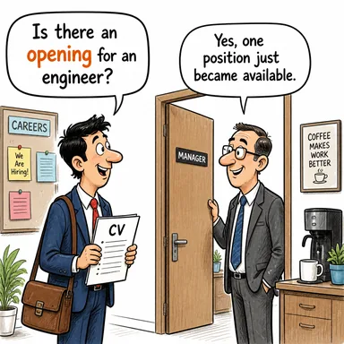 opening (açılış; fırsat/boş kadro; delik/açıklık) karikatürü — diyalogla bağlam içinde öğren