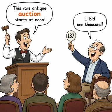 auction (açık artırma, mezat) karikatürü — diyalogla bağlam içinde öğren