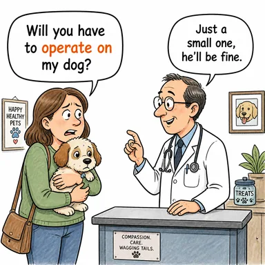 operate on (ameliyat etmek; üzerinde işlem yapmak) karikatürü — diyalogla bağlam içinde öğren