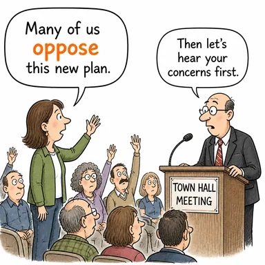 oppose (karşı çıkmak, muhalefet etmek) karikatürü — diyalogla bağlam içinde öğren