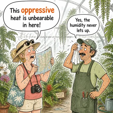 oppressive (baskıcı, zalim; (hava için) bunaltıcı/kasvetli) karikatürü — diyalogla bağlam içinde öğren