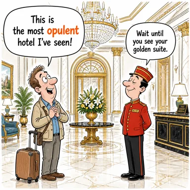 opulent (zengin, şatafatlı, bol) karikatürü — diyalogla bağlam içinde öğren