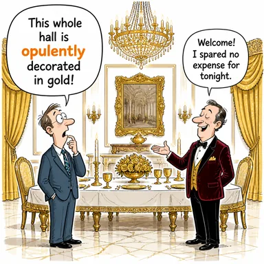 opulently (bolca, şatafatlı bir şekilde) karikatürü — diyalogla bağlam içinde öğren