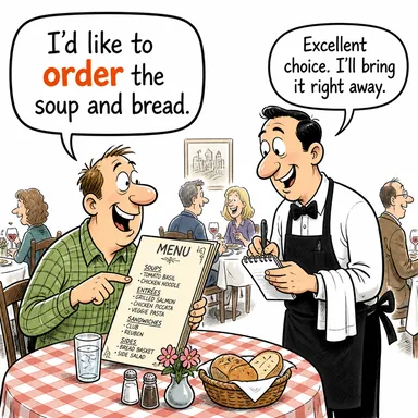 order (emretmek; sipariş vermek; düzenlemek) karikatürü — diyalogla bağlam içinde öğren