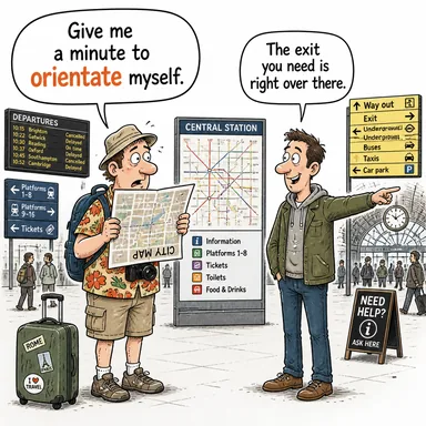 orientate (yönlendirmek, alıştırmak, (yönünü) belirlemek) karikatürü — diyalogla bağlam içinde öğren