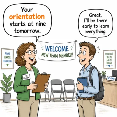 orientation (uyum, yönelim, yönlendirme) karikatürü — diyalogla bağlam içinde öğren