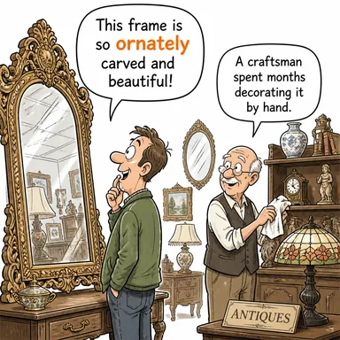 ornately (süslü bir şekilde, şatafatlıca) karikatürü — diyalogla bağlam içinde öğren