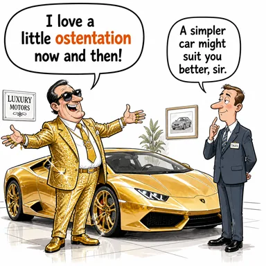 ostentation (gösteriş, caka, şatafat) karikatürü — diyalogla bağlam içinde öğren
