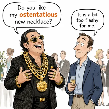 ostentatious (gösterişçi, gösteriş meraklısı) karikatürü — diyalogla bağlam içinde öğren