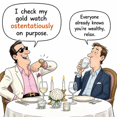 ostentatiously (gösterişli bir şekilde, caka satarak) karikatürü — diyalogla bağlam içinde öğren