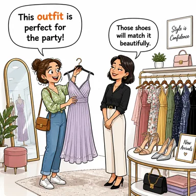 outfit (kıyafet, takım, teçhizat) karikatürü — diyalogla bağlam içinde öğren