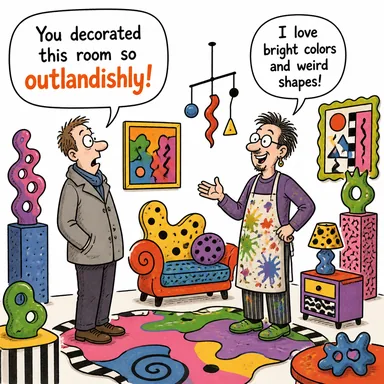outlandishly (acayip bir şekilde, tuhafça) karikatürü — diyalogla bağlam içinde öğren