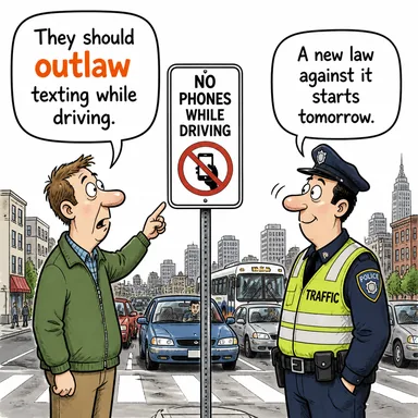 outlaw (yasaklamak, yasa dışı ilan etmek; haydut, kanun kaçağı) karikatürü — diyalogla bağlam içinde öğren