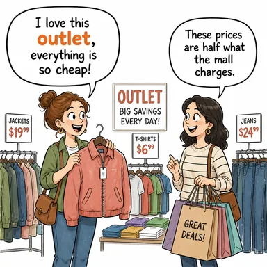 outlet (satış mağazası; çıkış noktası, deşarj yeri (duygu)) karikatürü — diyalogla bağlam içinde öğren